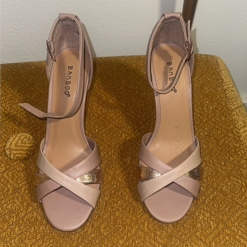Bamboo Women's Blush and Rose Gold Strappy Heels
